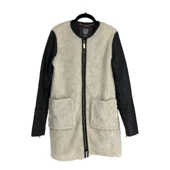 Vince Camuto cream & black shearling faux leather trench coat size  S - Picture 2 of 16